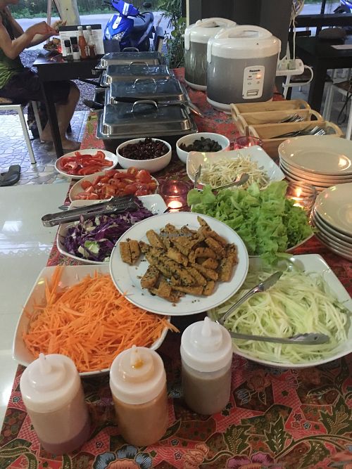 We offer Asian foods buffet and Vegetarian vegan salad ?  at One Yoga Cafe in Koh Phangan