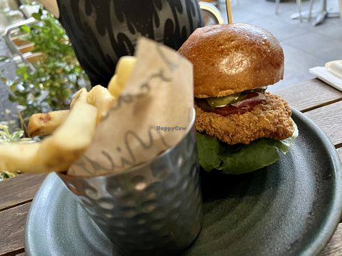 bbq 'chicken' burger and excellent fries  at Mildreds - Kings Cross in North London