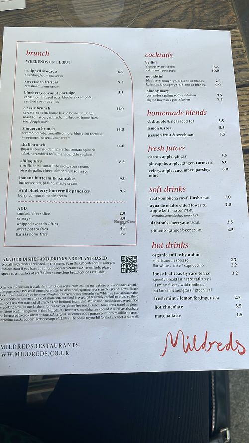 Menu  at Mildreds - Kings Cross in North London