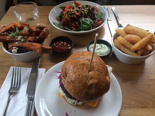 Small salad, Polish beetroot burger, regular fries and sweet potato fries with chipotle ketchup and basil mayonnaise at Mildreds - Kings Cross in North London