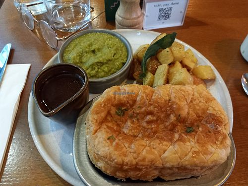 Signiture mushroom pie, potatoes and mushy peas and gravy. 5***** meal. at Mildreds - Kings Cross in North London