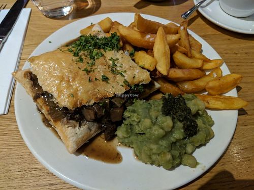 Mushroom and Ale pie, minty mushy peas at Mildreds - Kings Cross in North London