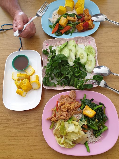 Rice + 3 toppings and a side of tofu. at Hongming Vegetarian Food in Krabi