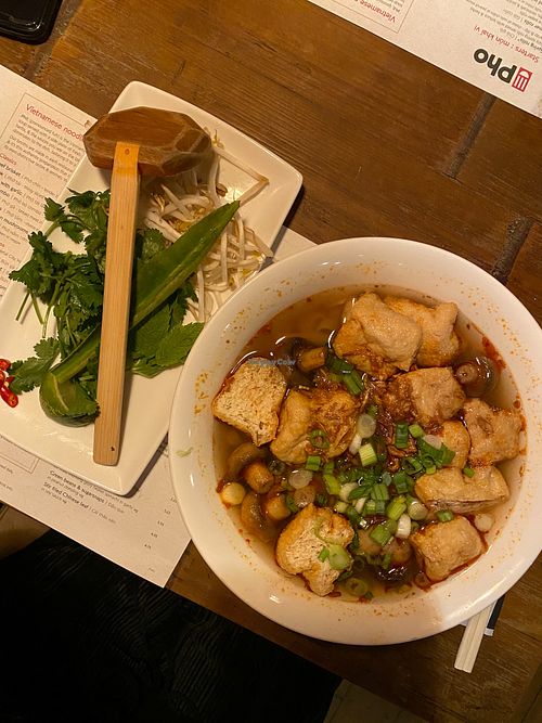 hot and spicy tofu and mushroom pho at Pho in Cambridge