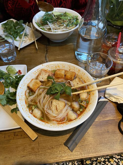 Spicy vegan pho w/ tofu & Super green pho  at Pho in Cambridge