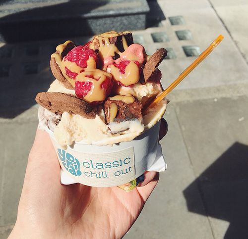 cookies and cream, choco-beetroot and peanut free butter ice-creams with animal cookies, raspberries, tiffin and salt caramel sauce to top! at Yorica in London