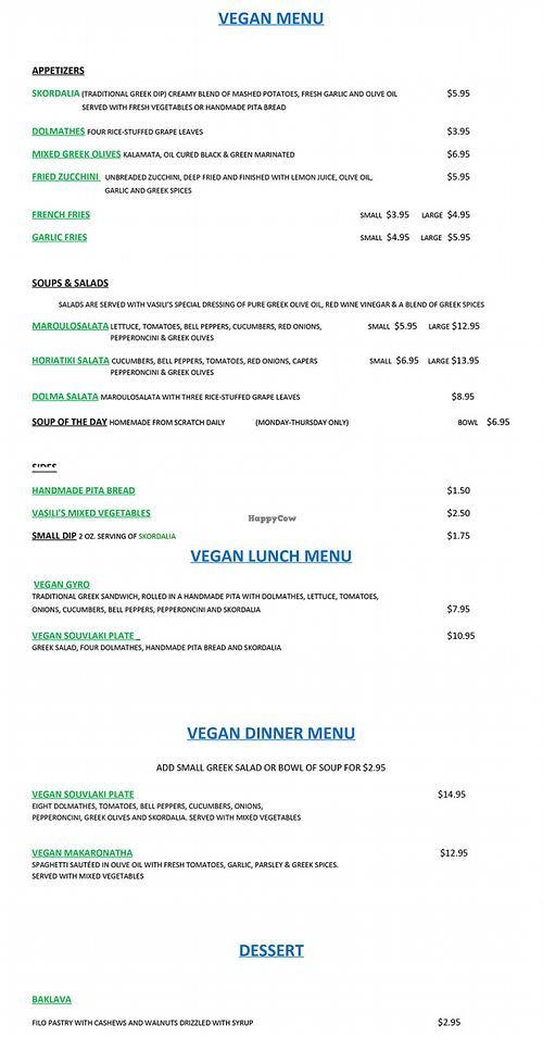 Vasili's Greek Restaurant Vegan Menu Section at Vasili's Greek Restaurant in Santa Cruz
