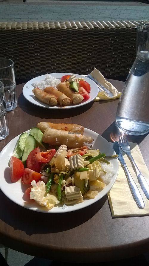 Tofu with coconut curry, rice, spring rolls, tomato, cucumber, sweet and sour sauce at Muang Thai Oy in Jyvaskyla