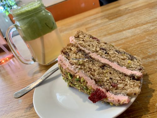 Vegan Raspberry and pistachio cake at Beehive in West London