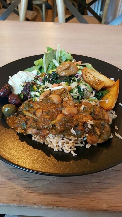 evening buffet. Stew, rice, wedges and salad at Excalibur Cafe in Glastonbury