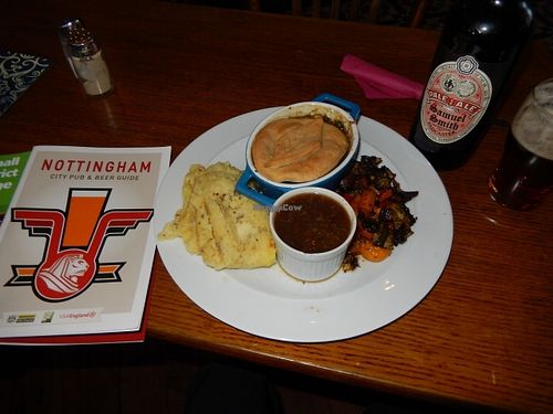 savoury pie, mustard mash, roast veg and gravy at The Peacock in Nottingham