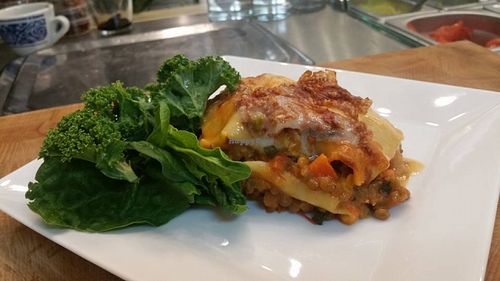 Lasagna with lentils, carrots and creamy cashew-topping at Leaf Food in Mannheim