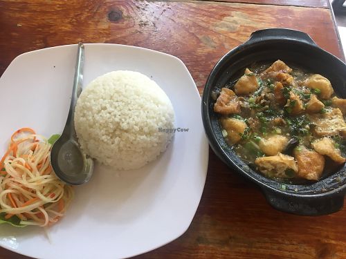 braised eggplant with deep fried tofu with rice at Noodle & Roll in Hanoi