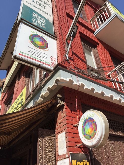 Signage. Right at the northern edge of the Stupa walking road.  at Bliss Pure Foods in Kathmandu