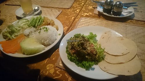Guacamole and steamed veggies + rice, all vegan at Bliss Pure Foods in Kathmandu