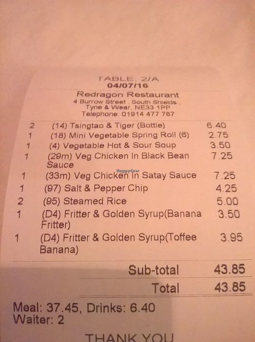 Receipt at Red Dragon Chinese Fusion in South Shields