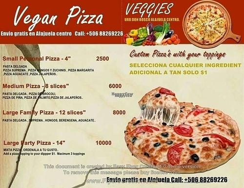 Menu de pizzas veganas at Veggies Pizza in Alajuela