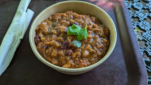 Vegan black bean chilli with rice at St Ann's Well Cafe in Malvern