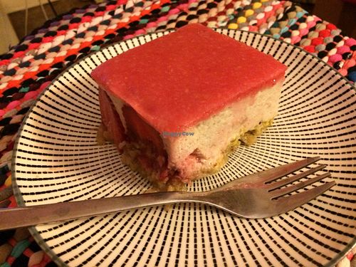 Strawberry dessert (with a marzipan top) that I took to go and had at home at Vegan Hero in Paris