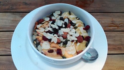 Fruit Salad Oats with soya milk at Food4Thought in Chiang Mai