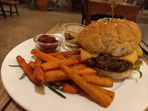 Mushroom burger with sweet potato fries at Food4Thought in Chiang Mai