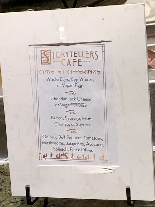 Omelette bar with vegan options shown   at Disneyland - Storytellers Cafe in Anaheim