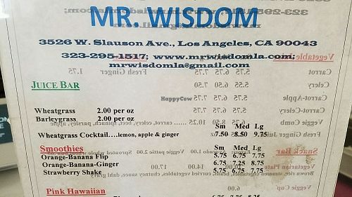menu at Mr. Wisdom in Los Angeles