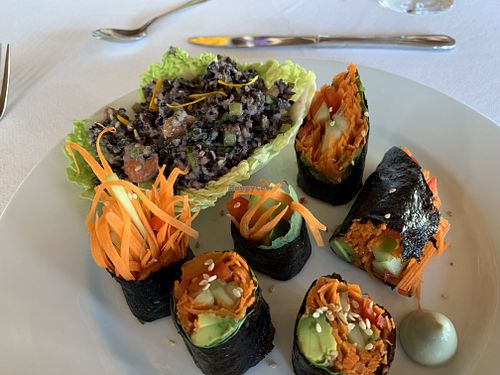 Asian forbidden rice, sushimaki w/ miso paste at Living Light Culinary in Fort Bragg