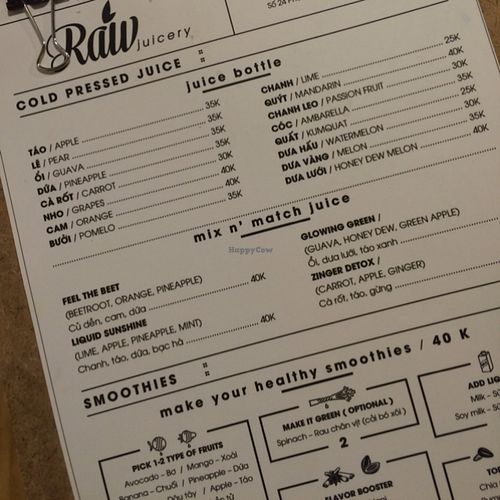 menu at Raw Juicery in Hanoi