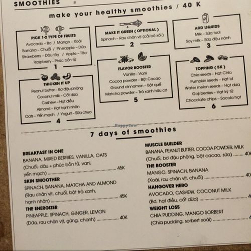 smoothie menu at Raw Juicery in Hanoi