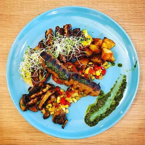 vegan brunch plate (tofu sausage and tempeh) at Raisin' The Roof in Kuala Lumpur