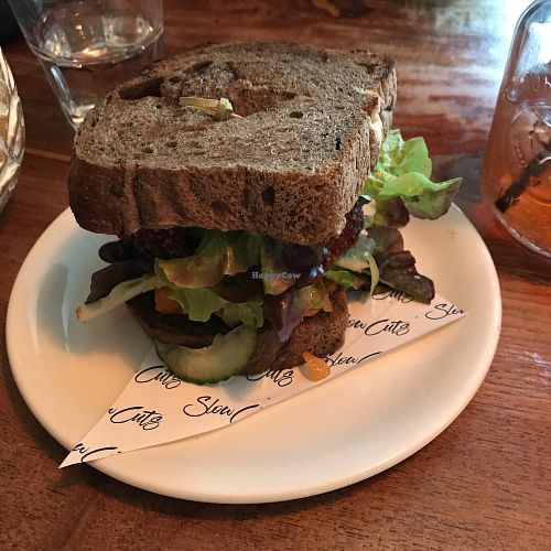 Beetroot burger on rye bread at Slow Cuts in Arrowtown