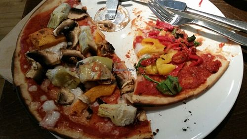 Gluten free pizza with mushrooms, artichokes and butternut, the other bell pepper, spinach and balsamic tomatoes at Zizzi - High St in Cardiff