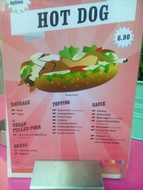 Hot dog menu. Pick a base and any number of toppings. at Kino Stuessihof in Zurich