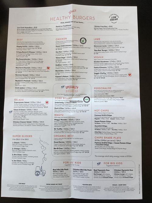 menu at Grill'd in Toowoomba
