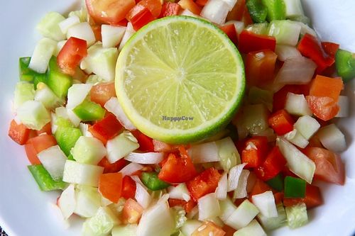 Israeli salad.
Fresh chopped salad with cucumbers, tomatoes, bell peppers, onion, olive oil salt and lime juice. at Falafel Sihanoukville in Sihanoukville