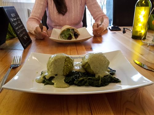 Millet balls on spinach - very tasty at Die Gruene Pause in Kevelaer