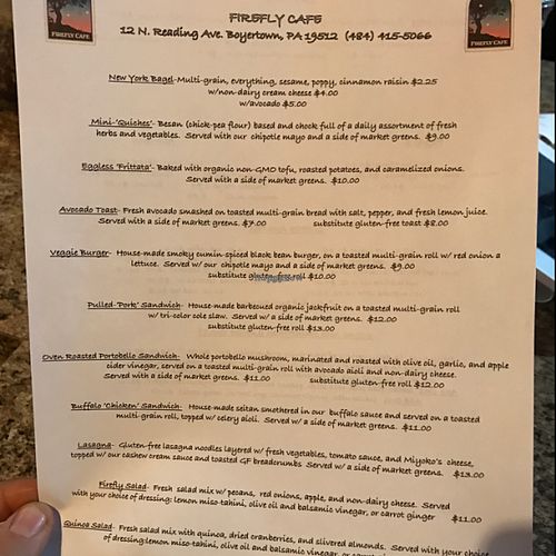 menu at Firefly Cafe and Outpost in Boyertown