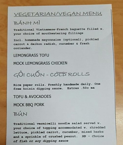 vegan menu (sept 2016) at Banh Mi Cafe in Torrensville