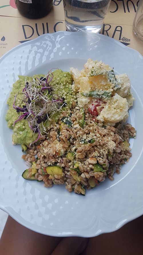 Faro dish with hummus and potato salad for 12 euro at Dulcamara Bio Vegan Bistrot in Verona