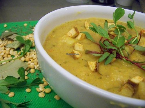 pea soup with smoked tofu at Vegancja in Plock