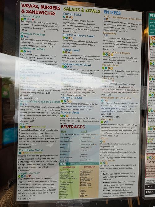 Main menu at Annapurna's World Vegetarian Cafe - Eastside in Albuquerque