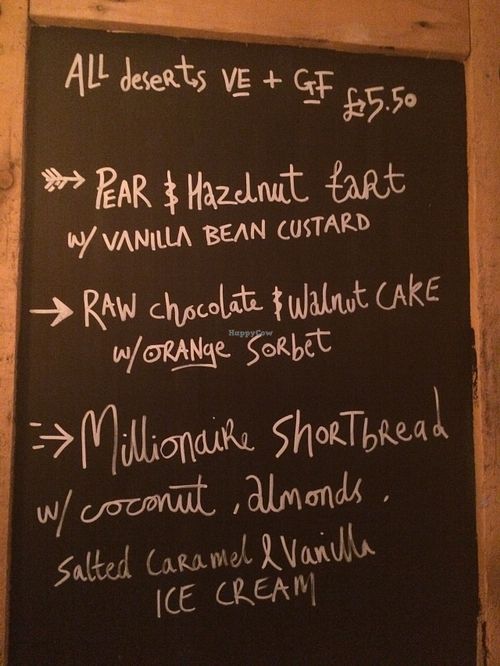 Dessert menu, all vegan!  The millionaire shortbread was delicious :-) at Earth and Stars in Brighton