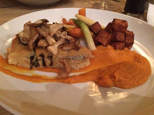 Special of the day: Celeriac and Mushroom Tart with sweet potato puree, potato cubes and roasted baby vegetables. To die for! at Earth and Stars in Brighton