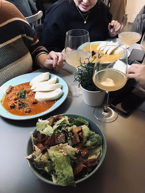 Goulash and Caesar salad with tempeh 😍 at Vegan's Prague in Prague