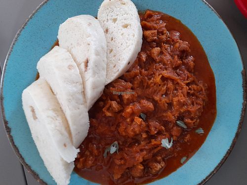 Czech cabbage goulash with soy protein, fresh sage and dumplings at Vegan's Prague in Prague