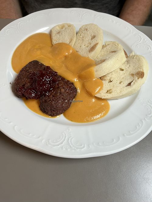 No beef sirloin with dumplings and sauce   at Vegan's Prague in Prague