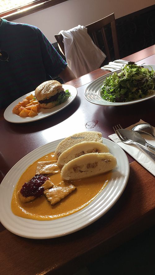 Vegan burger and traditional Czech dish  at Vegan's Prague in Prague