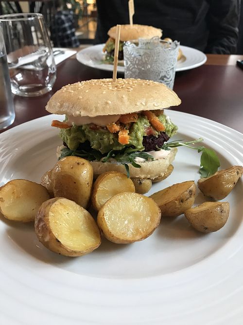 Andy Worhole burger, no fake meat patty in sight! at Vegan's Prague in Prague