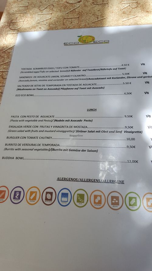 The menu on august 8, 2018 at Eco Eco in Tenerife